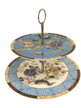 Two Tier Blue White Asian Porcelain Cake Cupcake Stand Floral Gold Charcuterie